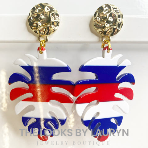 red white and blue monstera earrings