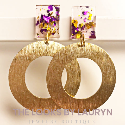 Brushed Gold Hoops with Purple and Gold Acetate Studs