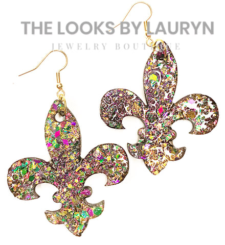 Mardi Gras Earrings Fleur De Lis Multicolor Confetti- The Looks by Lauryn