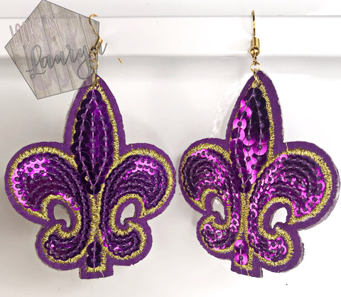 Sequin Fleur De Lis Earrings Gold and Purple - The Looks by Lauryn
