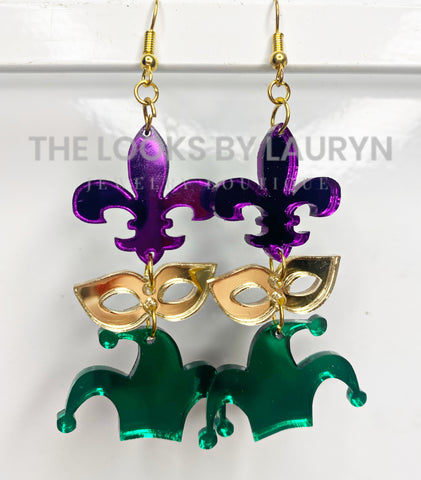 Mardi Gras Earrings Mirror Acrylic Drops