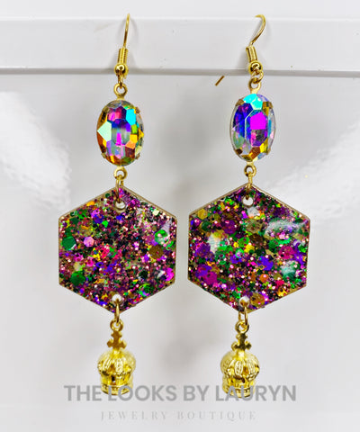 Mardi Gras Hexagon Earrings with Crown and AB Crystal