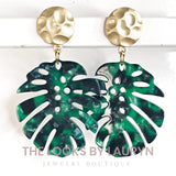 green monstera earrings
